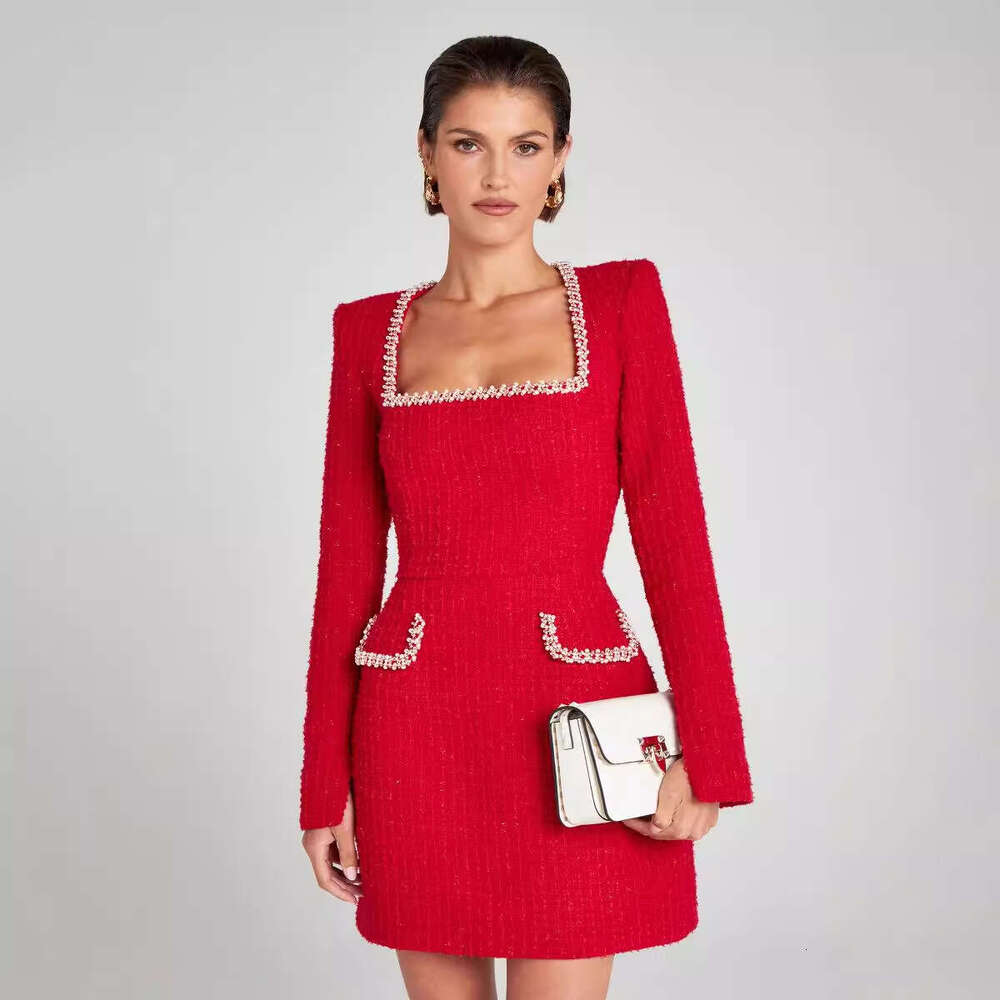 European American slim fit slimming U-neck long sleeved nail bead small fragrant dress for women, 2025 new style chic and elegant clothing