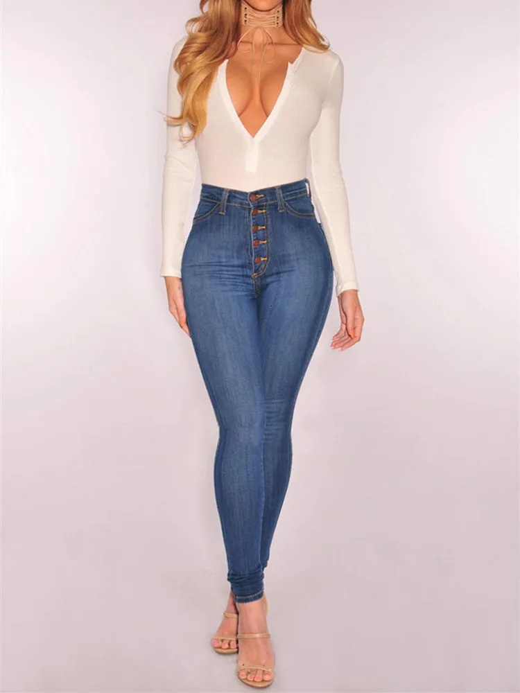 Womens High Waist Elastic Slim Fit Skinny Jeans Lady Vintage Button Pencil Long Pants N Straight Wrap Hips Casual Trousers 250227