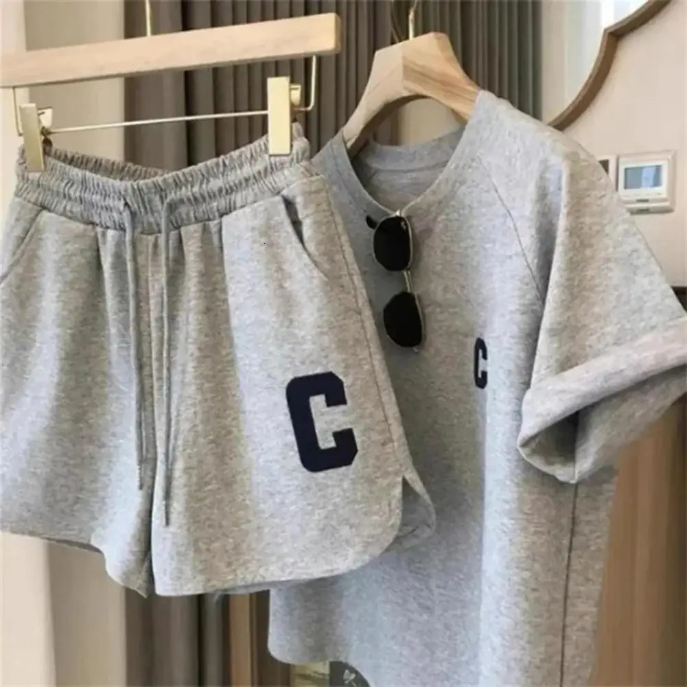 Casual Sports Suit Summer Short Tshirt Tops Wide Leg Shorts Fashion Running Two Piece Sets Clothing Sporty Outfit 250225