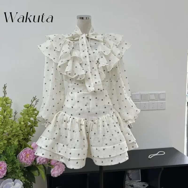 WAKUTA French Spring Ruffled Bow Heart-Shaped Printed Shirt Fashion High Waisted Short Skirt 2-Piece Set Female Clothing