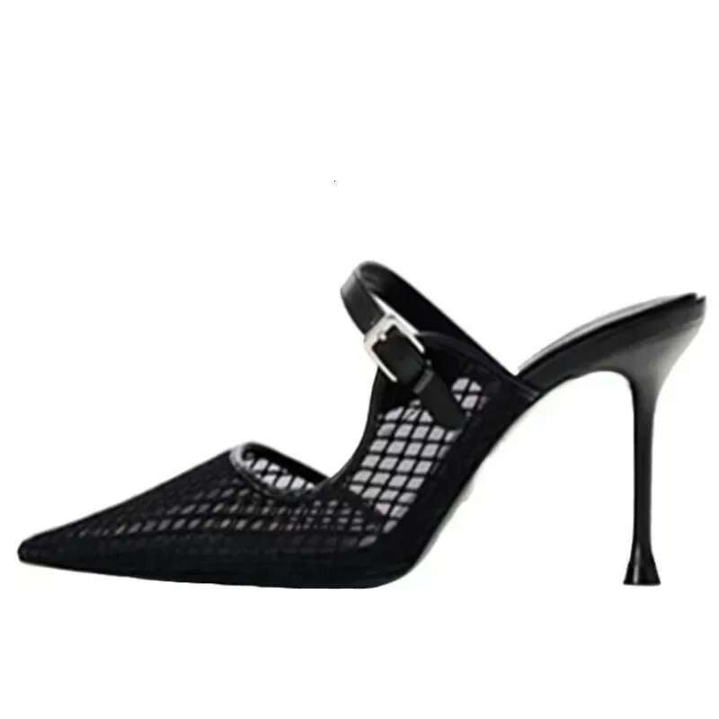 Mules High Heels Shoes for Laides Sexy Pointed Toe 2025 Summer Stilettos Black Hollow Breathable Mesh Vintage Women's Sandals