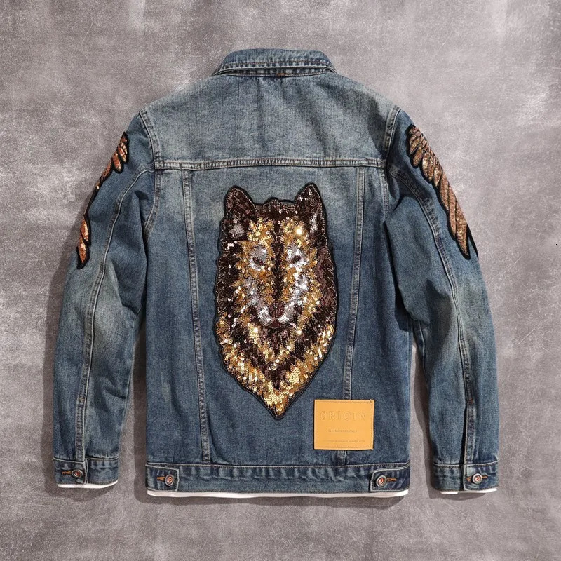 2025 personalized sequins n mens denim jacket Owl embroidery fashion Trendy loose versatile tops 250304