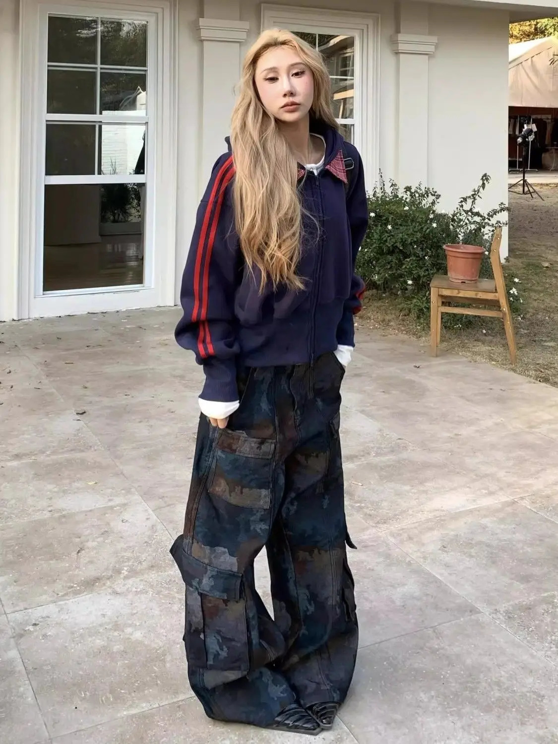 Retro street style camouflage spliced multi pocket work jeans suitable for American womens loose straight wide casual pants 250227