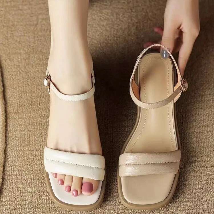 2025 Summer New Square Hollow Medium Chunky Heel Open Toe Sandals for Outerwear All-match Comfortable Fashion Women's Shoes
