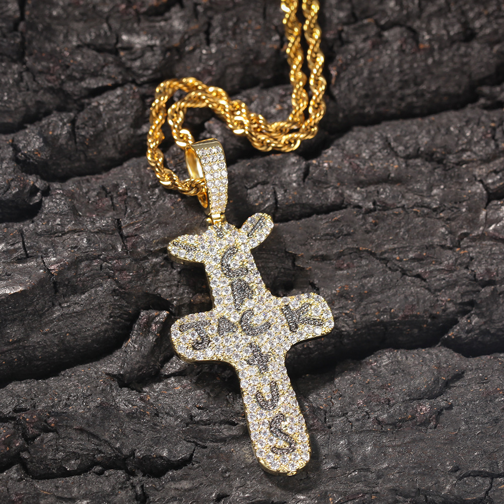 Classic Hip Hop Cactus Jack Cross Pendant Necklace 5A Zircon Gold Plated Boy Men Religious Jewelry