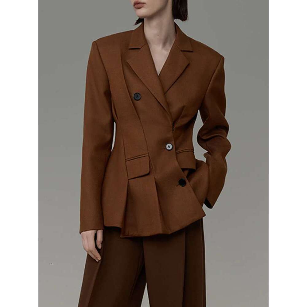 Fashion Women's Blazer Notched Collar Long Sleeve Diagonal Single Breasted Folds Waist Suit Jacket Spring 2025 New 7Ab1120
