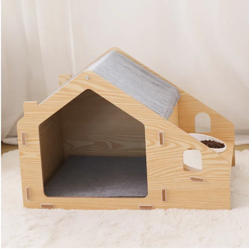 Enclosed Solid Wood Cat Nest Detachable Pet Villa Tip-Proof Cat Shelter Year-Round Comfortable Nest for Cats and Pets