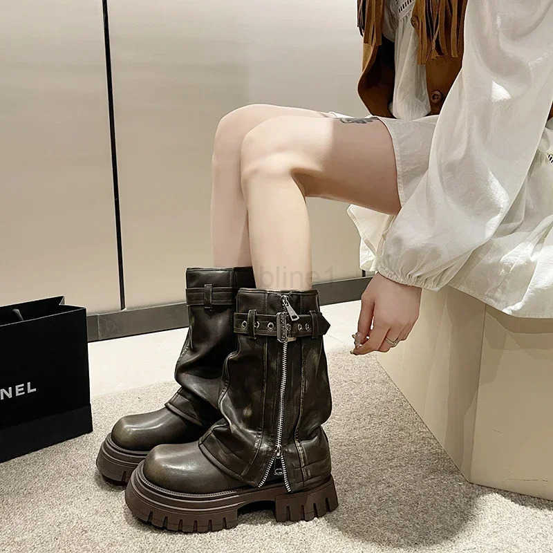 2024 New Shoes for Wen Belt Buckle Wens Boot Fion Side Zipp Modern Boots Wen High Quality Round Toe Mid-Calf Zapatos Z250304
