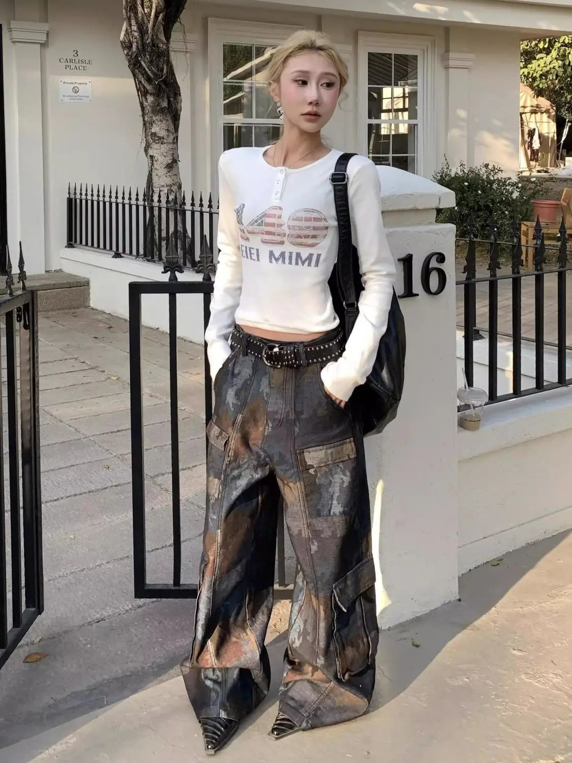 Retro street style camouflage spliced multi pocket work jeans suitable for American womens loose straight wide casual pants 250227