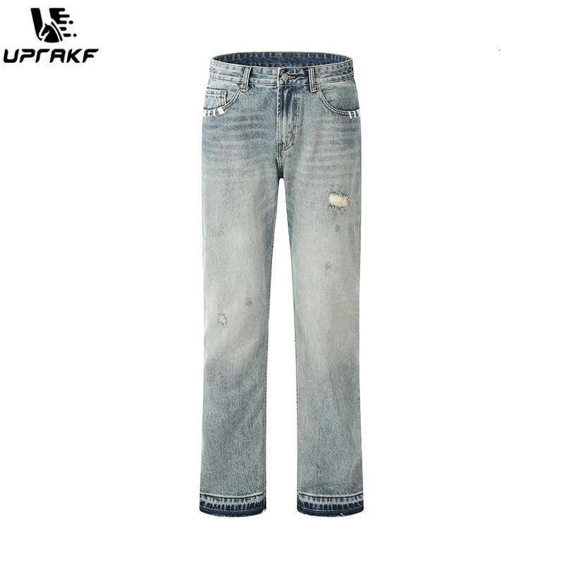 UPRAKF Straight-Leg Streetwear Ripped Jeans Basic High Street Light Color Casual Pocket Denim Loose Fashion