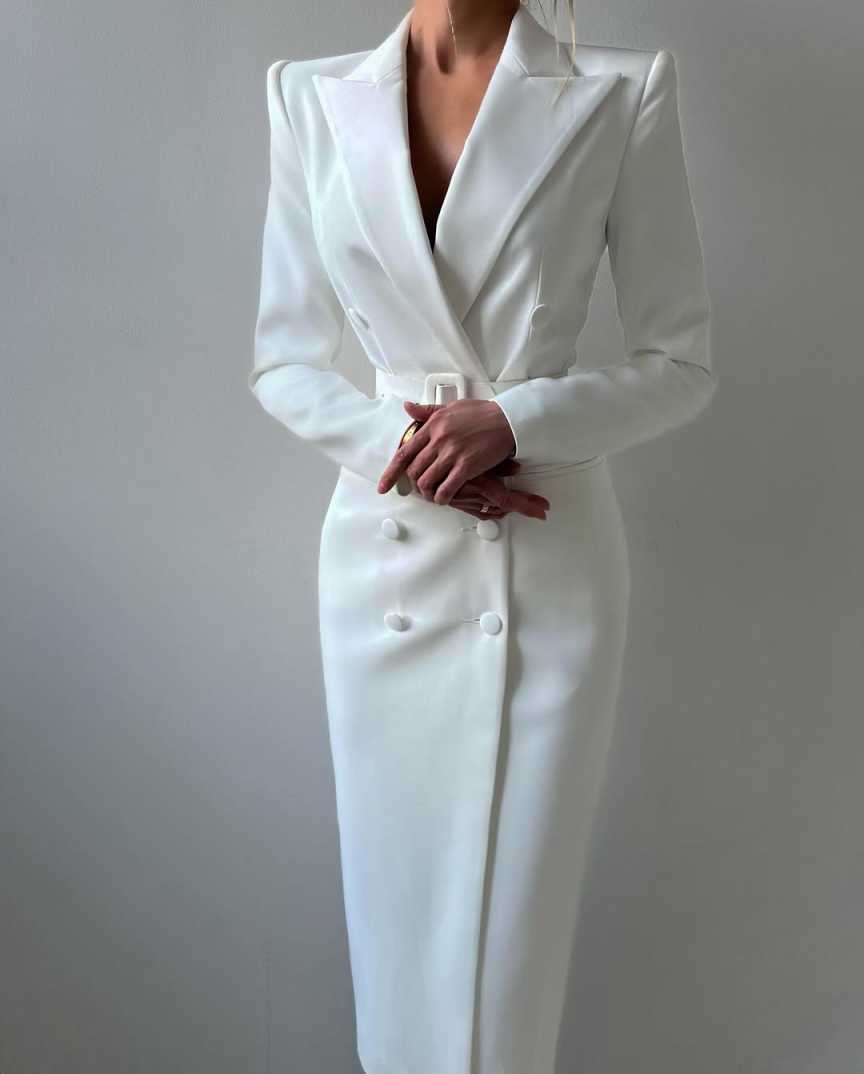 White Slim Women Pants Suits Ladies Long Jacket With Belt Formal Birthday Party Wear 2 Pieces Customized Coat