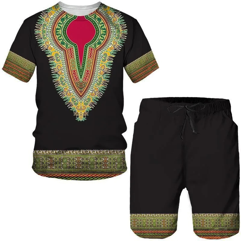 Summer Mens African Dashiki Culture Shorts Set 3D Tribal Printed Womens Short sleeve T-shirt Set Unisex Sports Casual Suit 250303