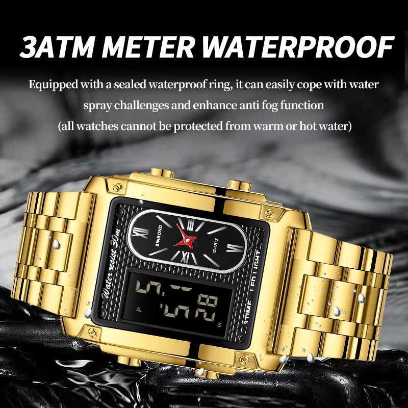 BINBOND Top Brand Luxury es for Men Fashion Quartz Wrist Square Gold Stainl Steel Busin Clock Mens WatchXJ250304