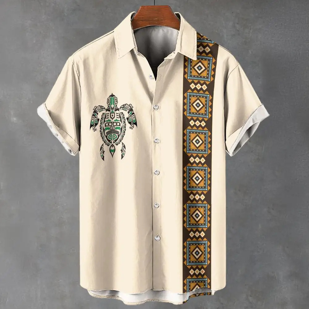Retro mens shirt ethnic pattern printed short sleeved T-shirt lapel shirt summer fashion casual streetwear mens oversized clothing 250227