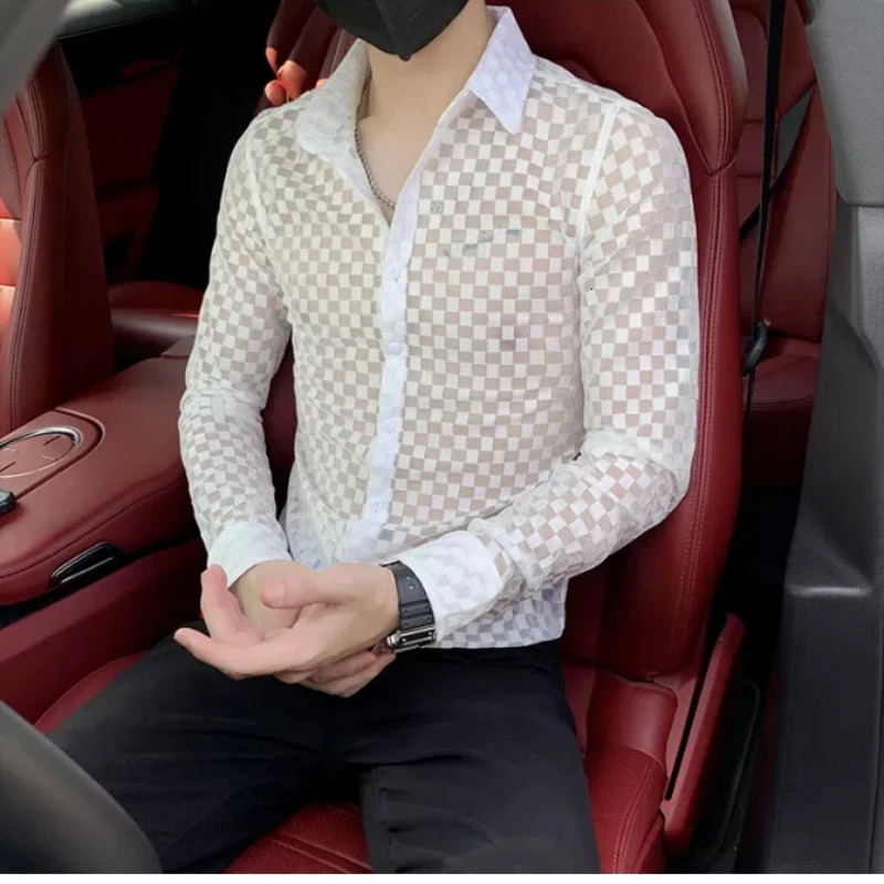 Spring Autumn Fashion Plaid a Peaked Collar Mens Clothing Shirts Long Sleeve Button Hollow Out Slim Korean Chaopai Blouse 250304