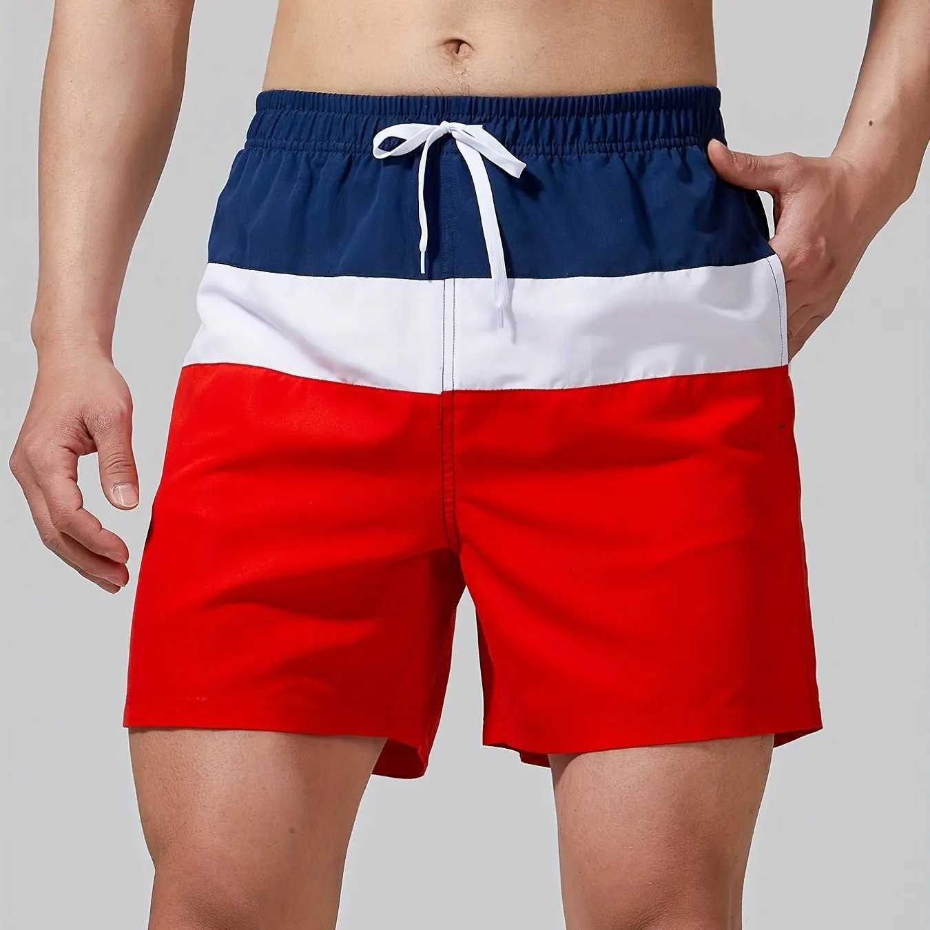 Trendy Color Block Pattern Print Mens Women Swim Trunks Quick Dry Drawstring Beach Shorts Mens Pants Swimwear For Summer BeachT250304