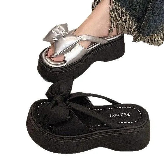 Shoes Ladies Slippers Platform Slides Slipers Women Low Butterfly-Knot Rubber PU Fashion Fabric Hoof Heels 250303