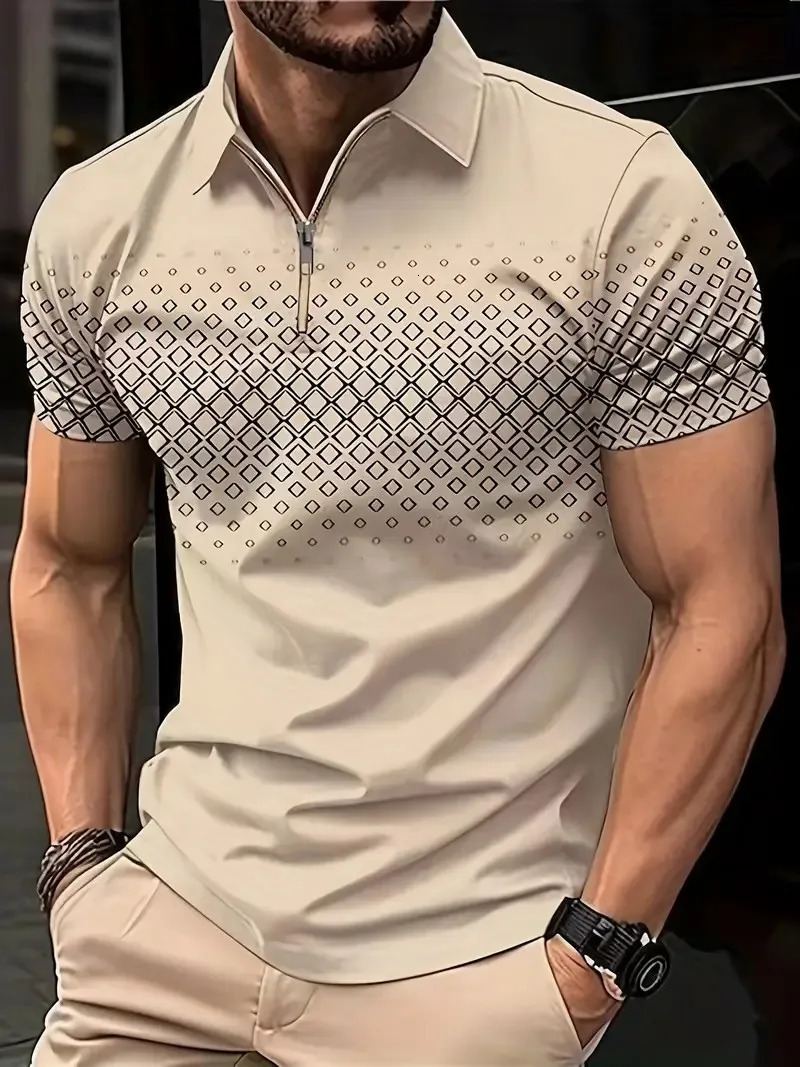 Mens Polo Shirt Fashion Dot Print T ShirtZip Polo Shirt Retro Casual Short Sleeve Summer Streetwear Mens Casual Plus Size 250304