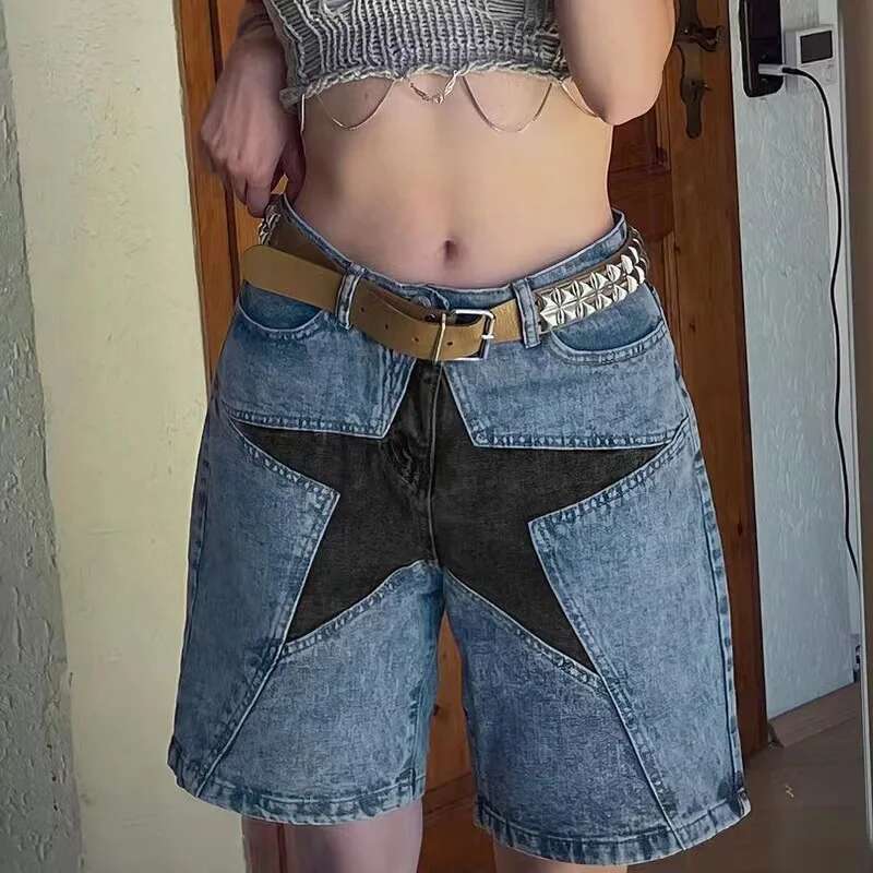 Women's Street Trend Loose Contrasting Color Five-Pointed Star Sticker Denim Pants