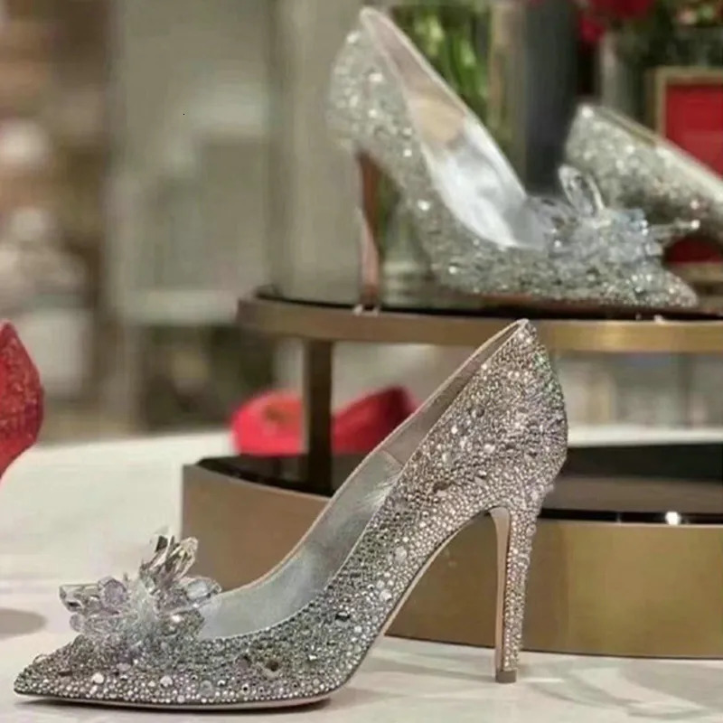 Wedding Shoes Pointy High Heels Thin With Cinderella Glass Shoes Bride Shoes Rhinestone Single Shoe Female Crystal Pumps 250303