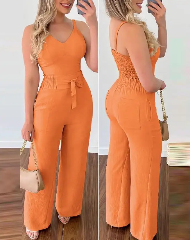 Summer Woman Long Jumpsuits Elegant Sexy V-Neck Shirred Cami Top High Waist Pants Set Fashion Casual One Pieces 250303
