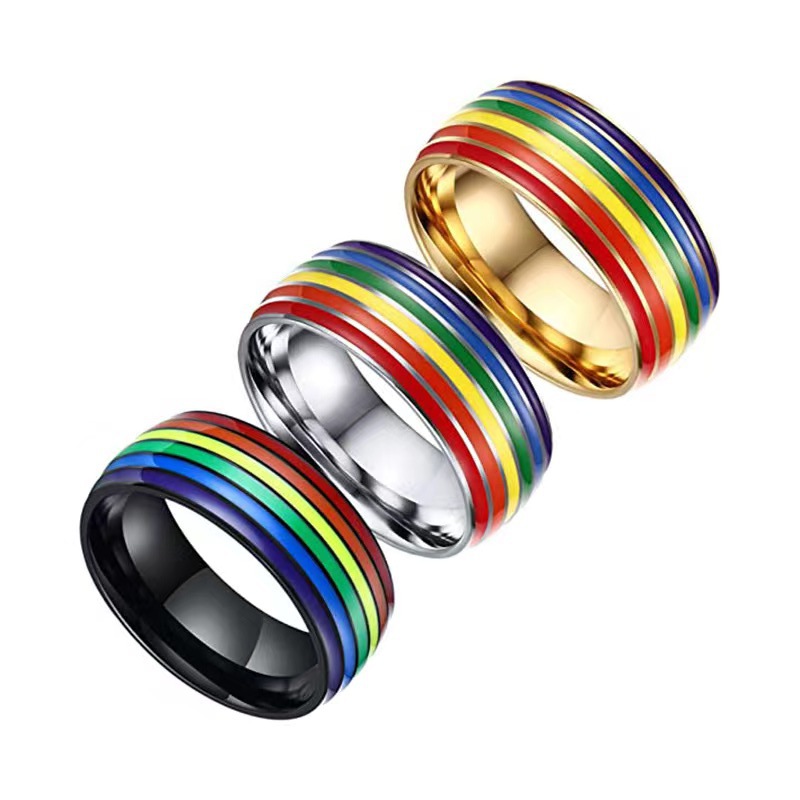 Creative Designer Rainbow Ring for Men Women Colorful Enamel Stainless Steel Lovers Couple Rings Gold Silver Black Band Rings Jewelry Gift Top Quality