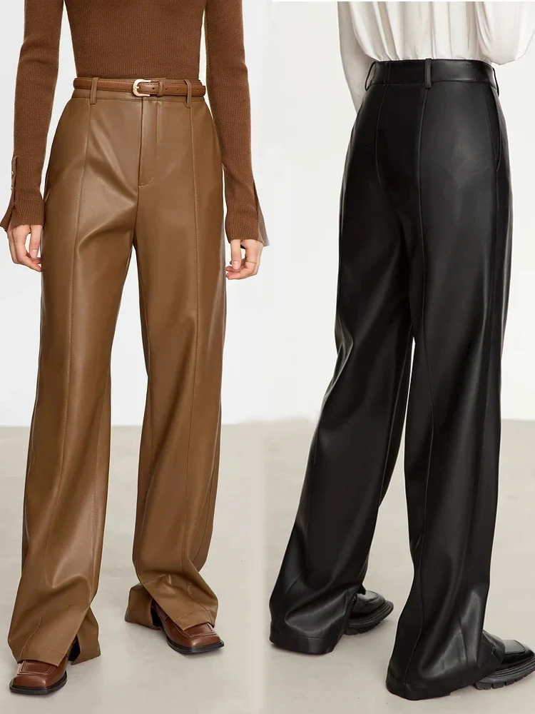 AMII Minimalist PU Leather Casual Pants for Women Autumn Loose Floor Length Straight Slit Female Trousers 12343250 250303