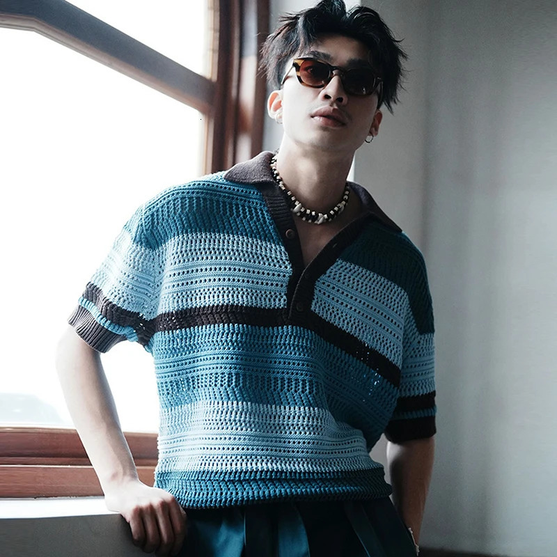 Mens Leisure Striped Hollow Out Polo Shirt Solid Color Texture Breathable Retro Streetwear Light Korean Knitwear 250304
