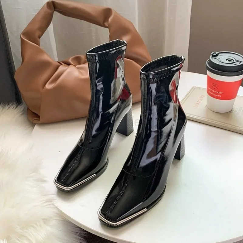Wens Square Toe Short Boots Fionable Elastic Zipper Boots Autumn Winter Outdoor High H Motorcycle Shoes Black Botines Z250304