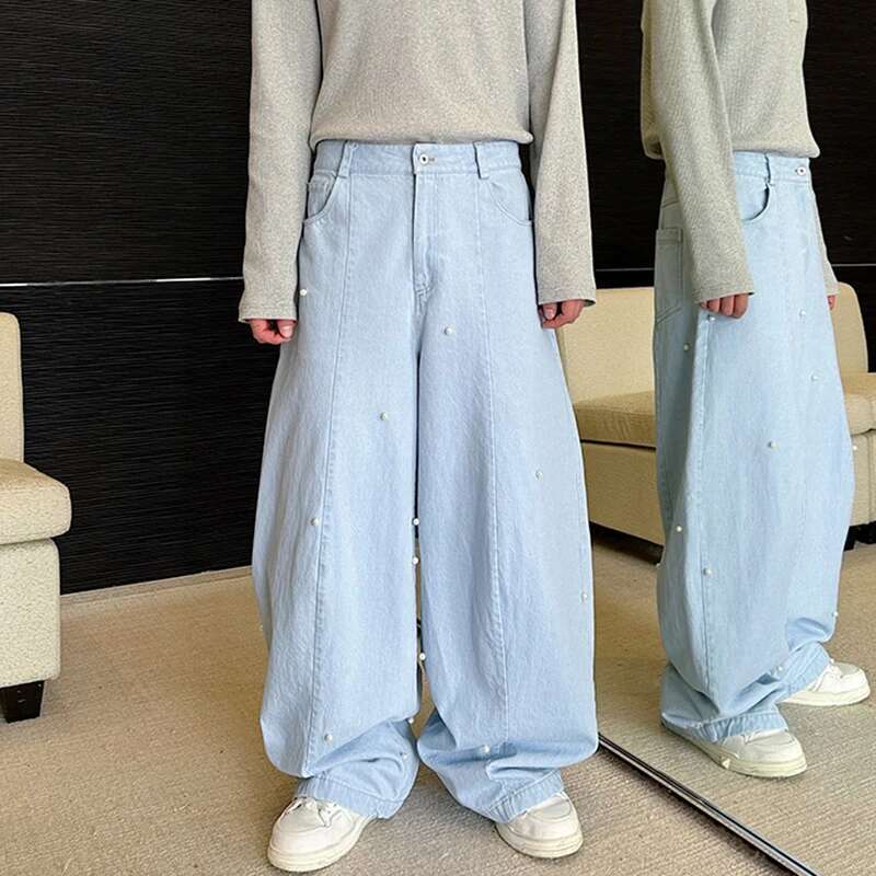 LUZHEN 2025 Stylish Plain Pearl Patchwork Design Casual Denim Pants Wide Leg Men's Street Baggy Trendy Straight Jeans New Lz3215