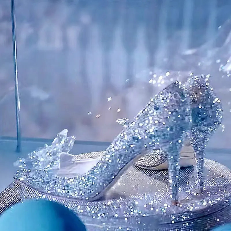 Wedding Shoes Pointy High Heels Thin With Cinderella Glass Shoes Bride Shoes Rhinestone Single Shoe Female Crystal Pumps 250303