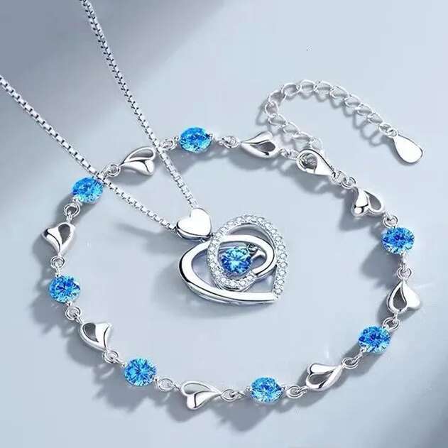 Sterg Sier Heart Shaped Necklace Bracelet for Women Vintage Korean Blue Crystal Bracelets Set Party Jewelry