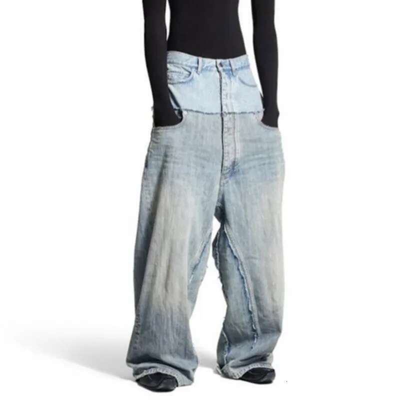 HKSH Spring Autumn New Men's Tide Punk Ripped Denim Pants Women's Spliced Double Layer Waist Baggy Jeans Streetwear Chic Hk3747