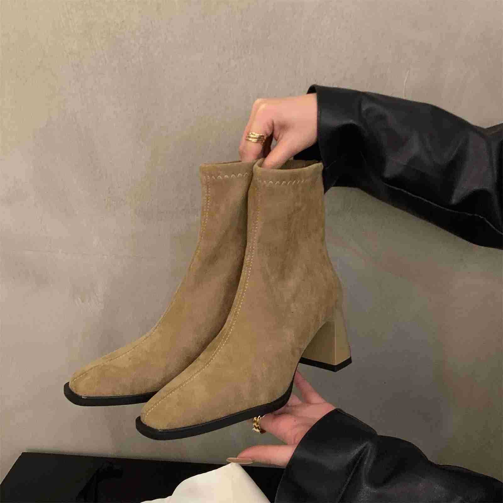 High Heel Korean Small Ankle Boots Suede Riding Boots Wens Shoes 2024 New Autumn and Winter Square Thin Short Boots Z250304