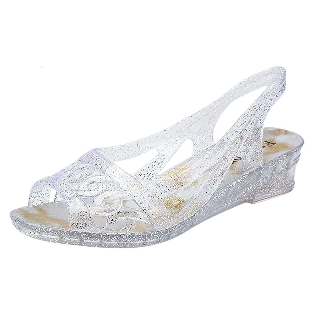 Sandals Women Hot Slip On Strap Fish Peep Toe Crystal Wedge Heel Slippers Shallow Mouth Back Cutout Holiday Shoes