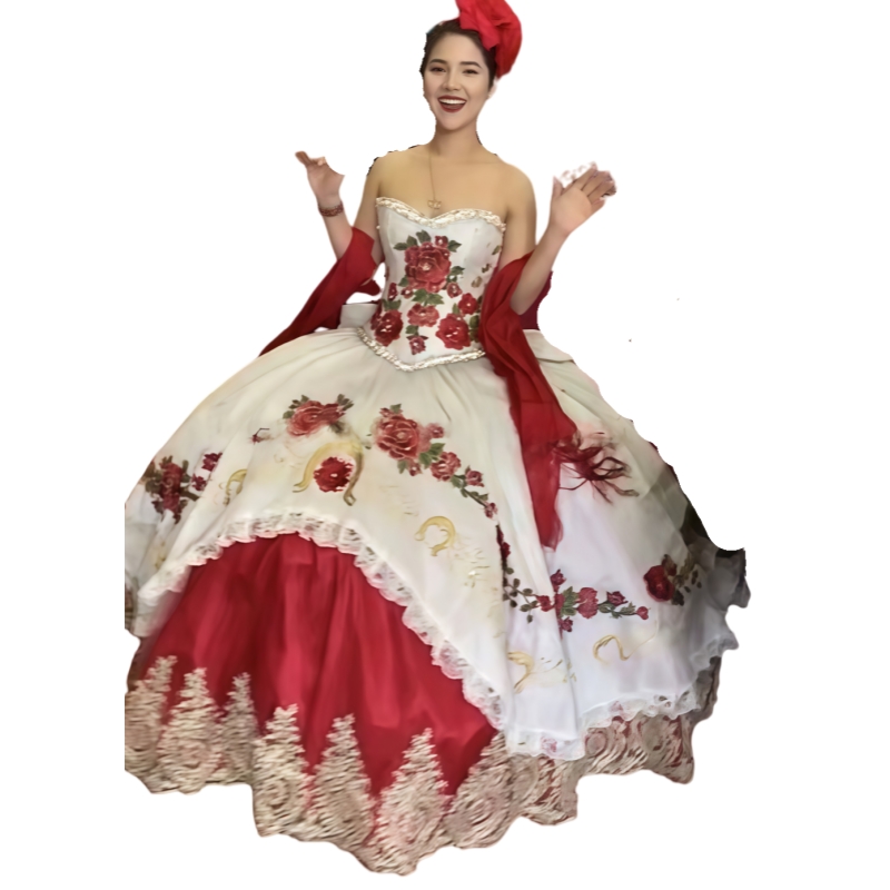 Princess Quinceanera Dresses Embroidered Floral Gold Lace Appliques Beaded Sweetheart Neckline Mexican Charro Sweet 16 Dress Vestido De 15 Anos Prom B