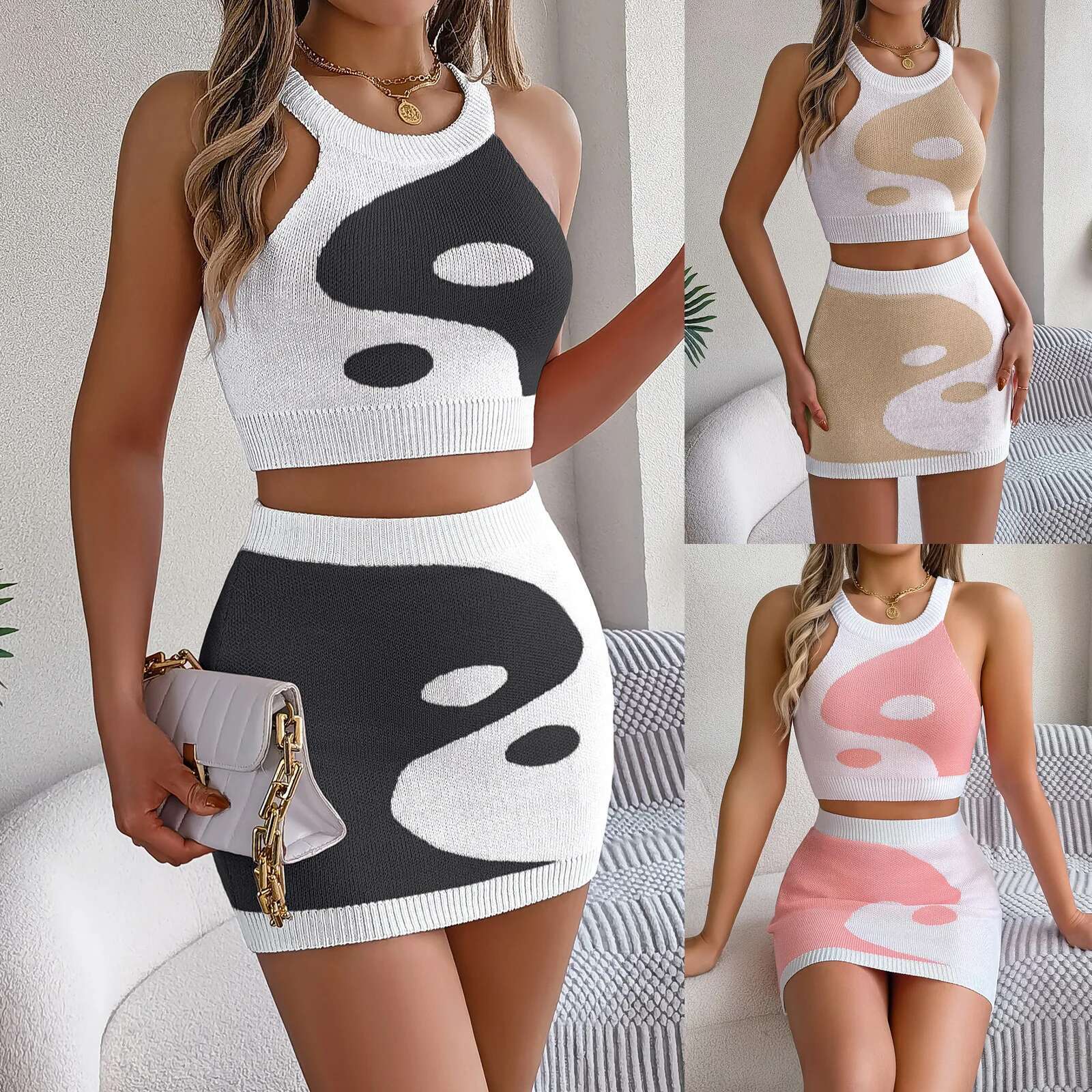 2025 Summer Two Pieces Contrast Women's Crop Tops Slim Fit Ladies Bag Buttock Skirt Women 2 Piece Set Outfit