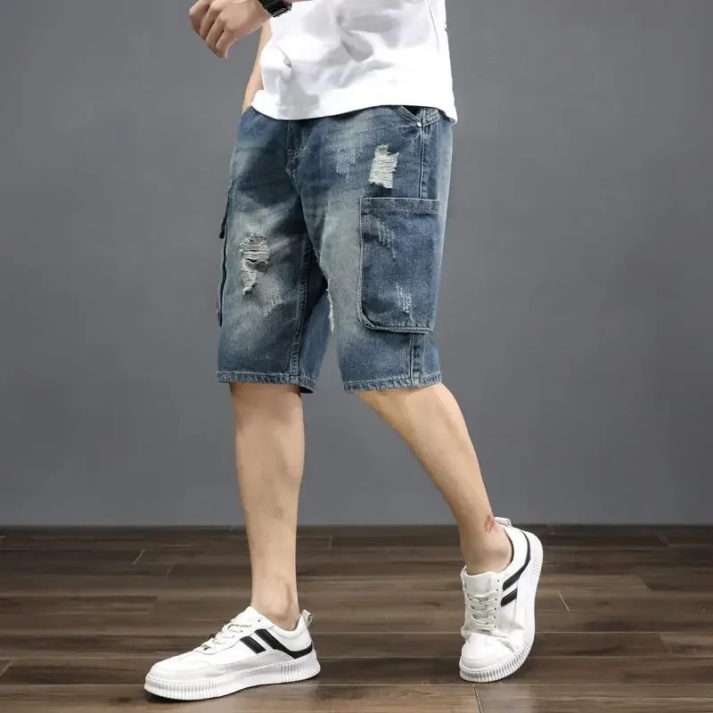 Male Denim Shorts Blue Long Ripped Bermuda Half Mens Short Jeans Pants Trend 2024 in Korean Fashion Xl Vintage Jorts Y2k 250304