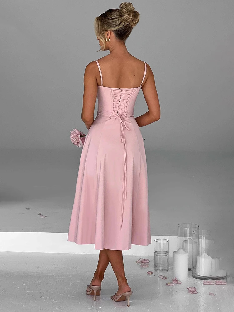 Strapless A-Line Midi for Women - Spaghetti Strap, Backless Split, Summer Party Dress C260312