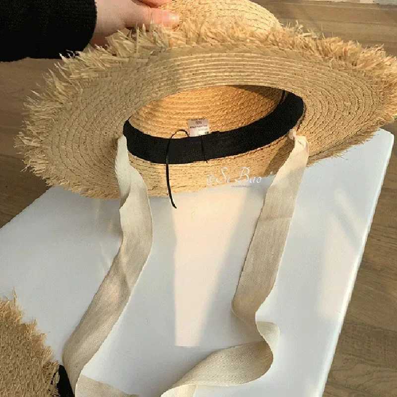Str Hat Women Wide Brim Sun Protection Beach Hat Black and White Ribbon Bowknot Str C Casual Ladies Flat Top Panama HatXJ250304