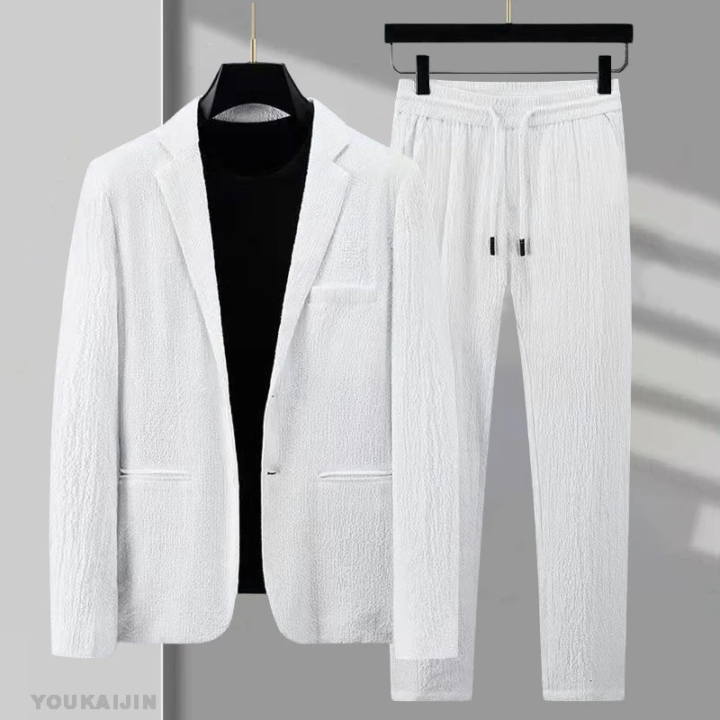 Spring Autumn Korean White Pleated Sets Men Fashion Casual Solid Long Sleeve Blazer and Trousers Two-piece Men Suits Trends Tops 250303