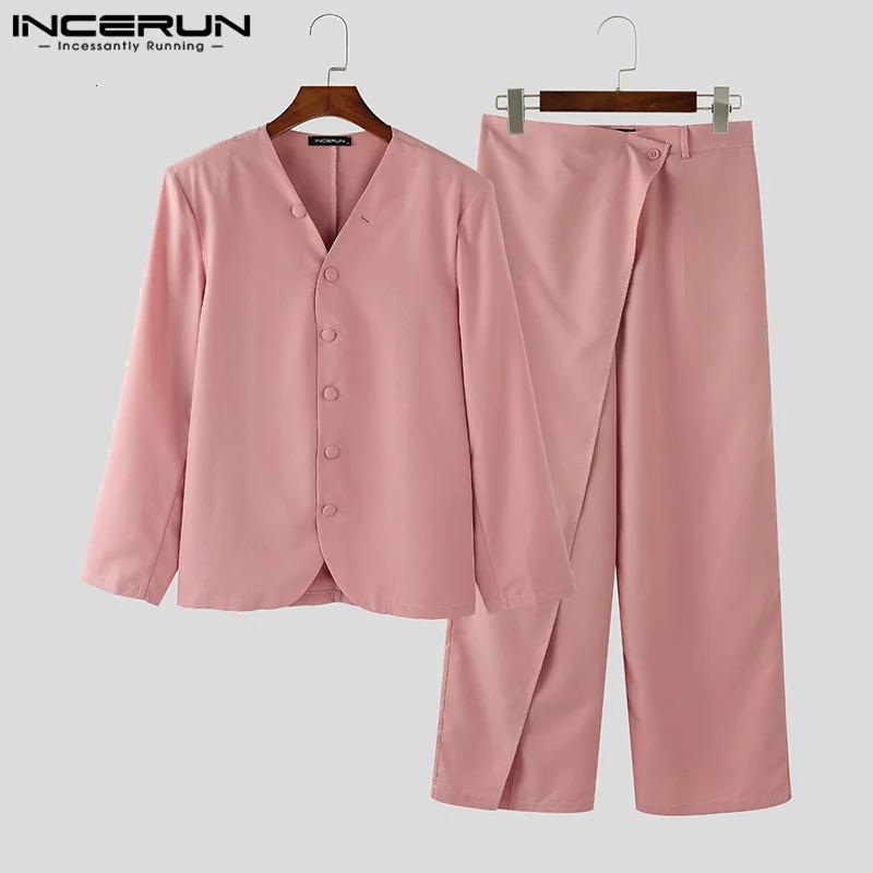Fashion Casual Sets INCERUN Handsome Mens Solid Tops Long Pants Streetwear Male All-match Simple Two piece Sets S-5XL 250303