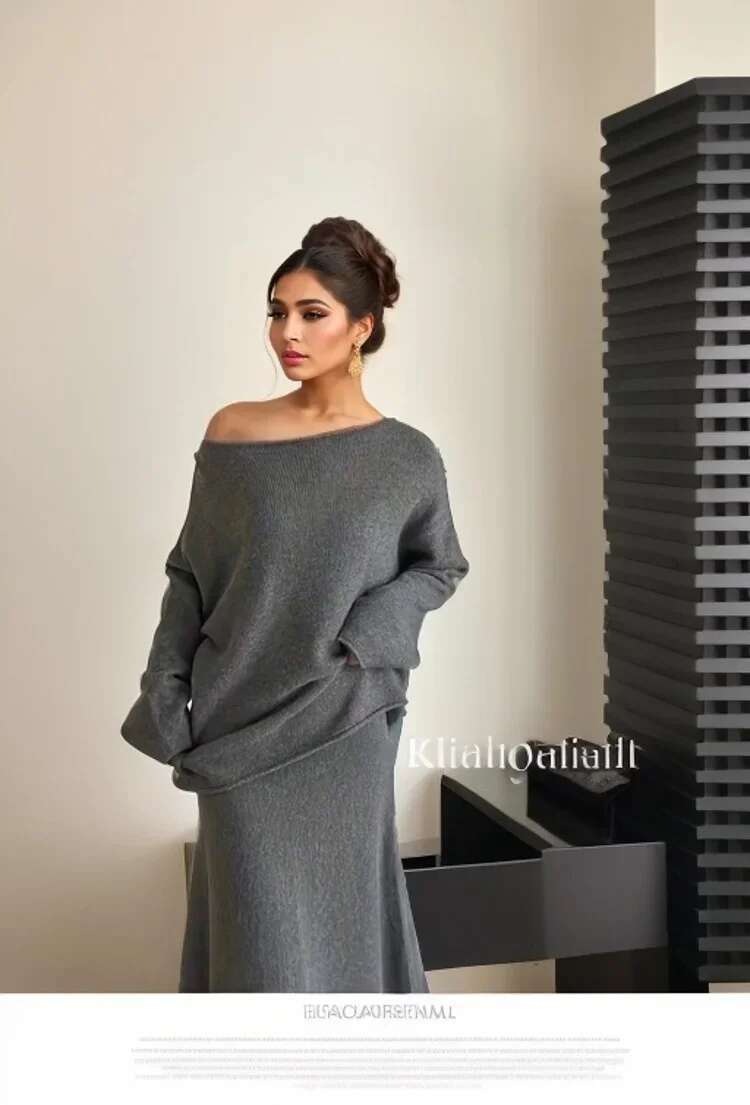 Hirsionsan Sexy Soft Elegant Vintage Women Suits 2 Pieces Female Sets Slash Neck Sweater & Midi Dress OL Style Knitted Tracksuit