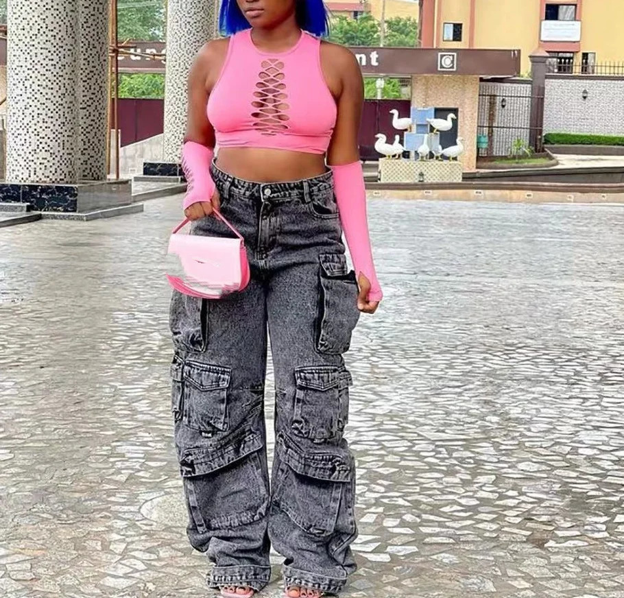 Womens Workwear Style Trousers 2025 Autumn Winter Latest Denim Trend Multi Pocket Plus Size Jeans Work High Waist Long Pants 250227