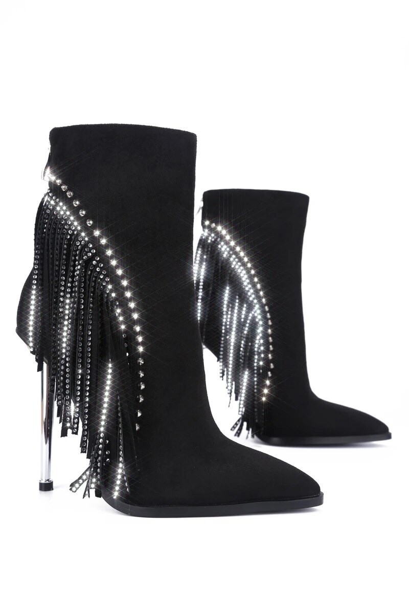 Ins Fashion Show Tassel Electroplated Heel Short Boots With Hot Diamond Bgbg Women's Shoes Boots