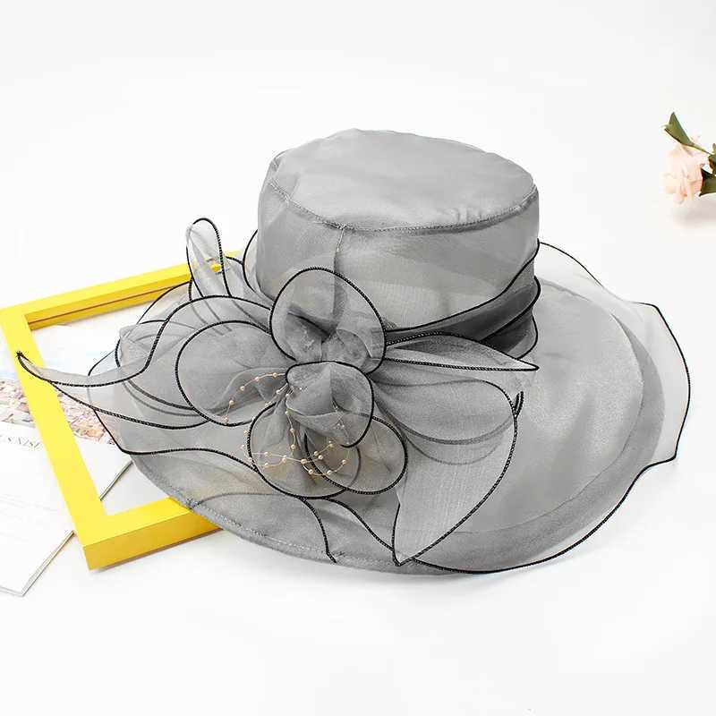 18 Color Ladies Summer Hat White Black Organza Church Fascinator Wedding Tea Party Dey Hats for Women Flower Wide Brim Sun HatXJ250304