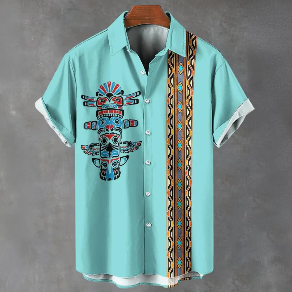 Retro mens shirt ethnic pattern printed short sleeved T-shirt lapel shirt summer fashion casual streetwear mens oversized clothing 250227