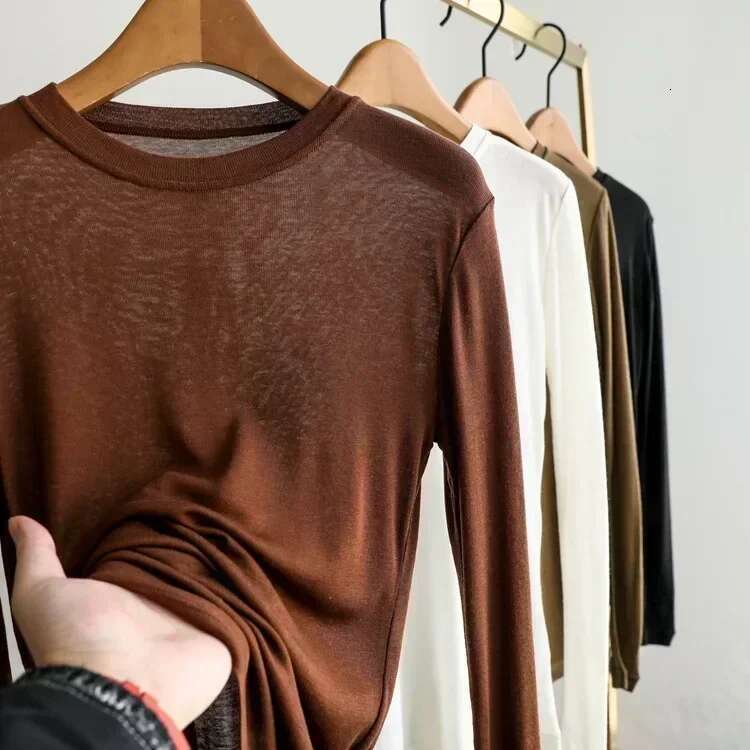 Autumn Women Sweaters Wool Blend Round Neck Solid Color Long-Sleeved Pullovers T-Shirt