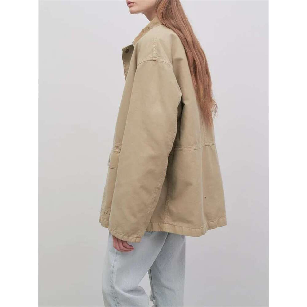 Women's Ribbed Turn-Down Collar Zipper Coat Simple Casual Female Safari Style Large Pockets Jacket Autumn Winter