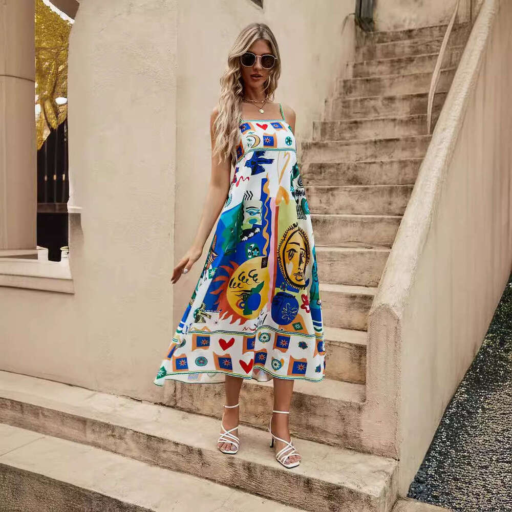 Sexy Women's Strap Graffiti Printed Cotton and Hemp Sleeveless Swing Dress with Versatile Style for 2025 New Trendy Clothing Ins
